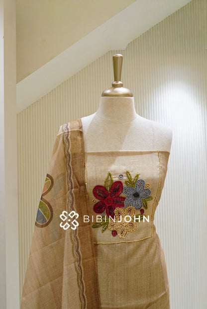 Chanderi Embroidery Unstitched Salwar Suit Material Beige BJ1293