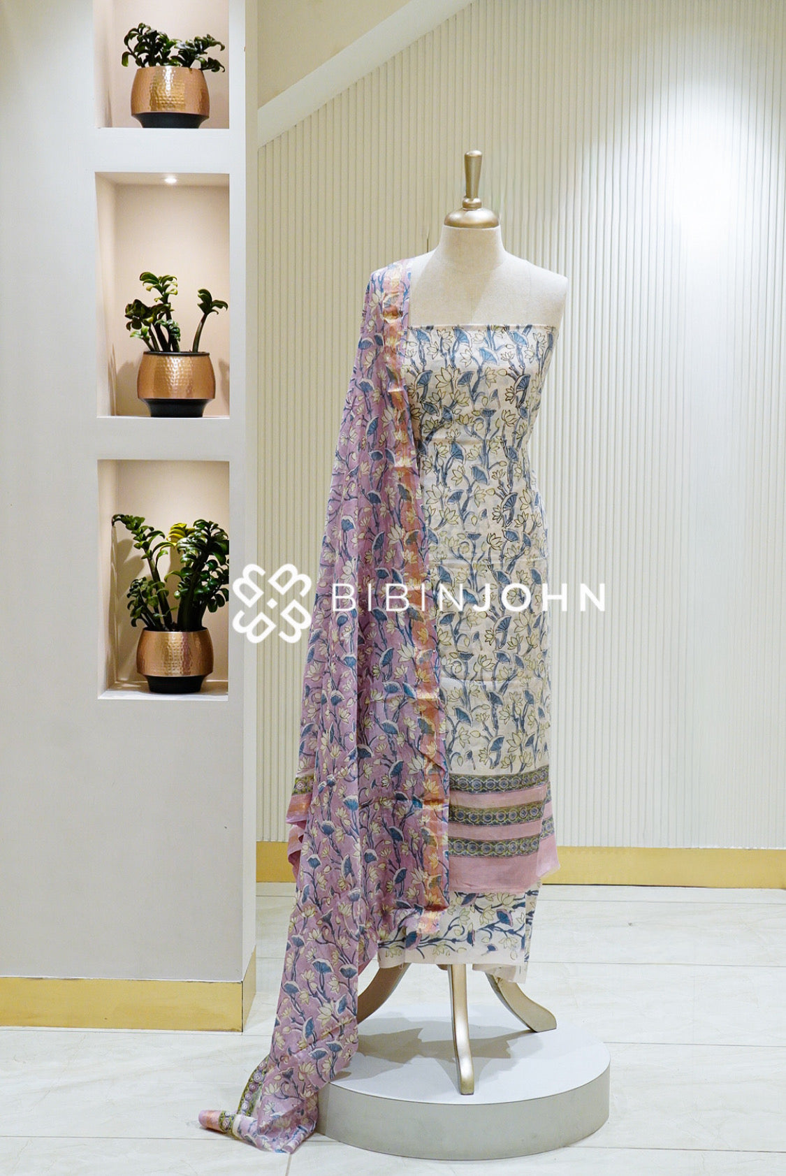 Printed Chanderi Unstitched Salwar Suit Material Ivory BJ1295