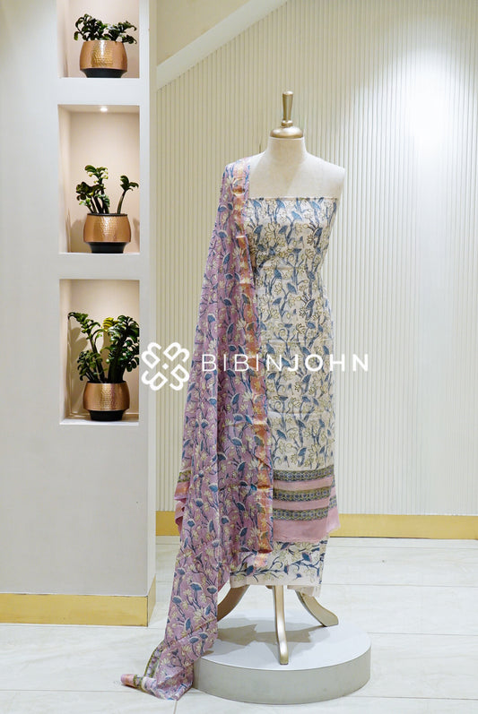 Printed Chanderi Unstitched Salwar Suit Material Ivory BJ1295