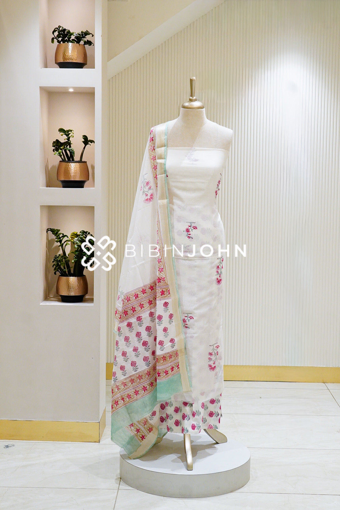 Printed Chanderi Unstitched Salwar Suit Material Ivory 