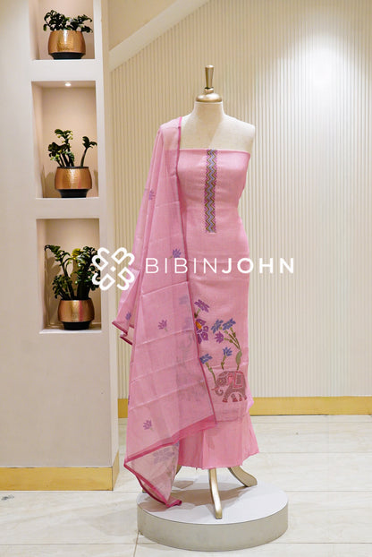 Art Linen Embroidery Unstitched Salwar Suit Material Blush Pink BJ1297