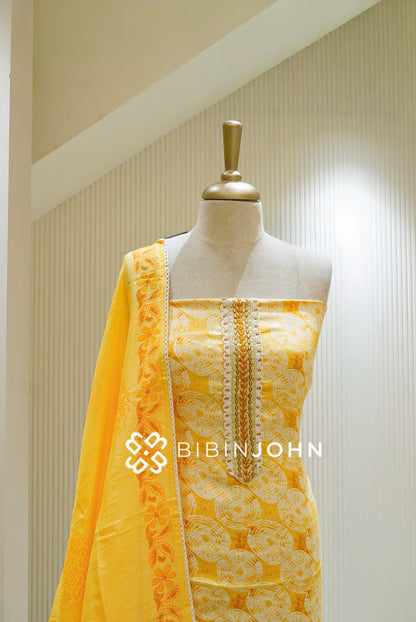 Cotton Embroidery Unstitched Salwar Suit Material Mustard Yellow BJ1299