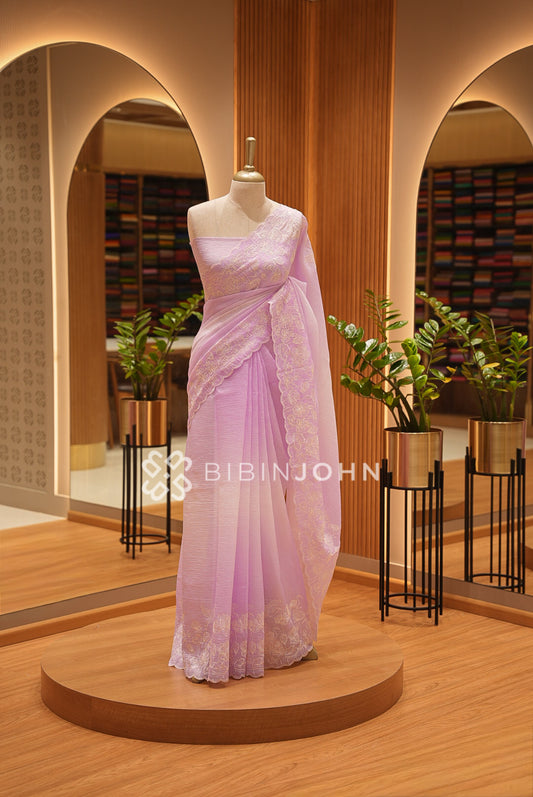 Tissue Organza Embroidery Saree For Women Soft Lilac
