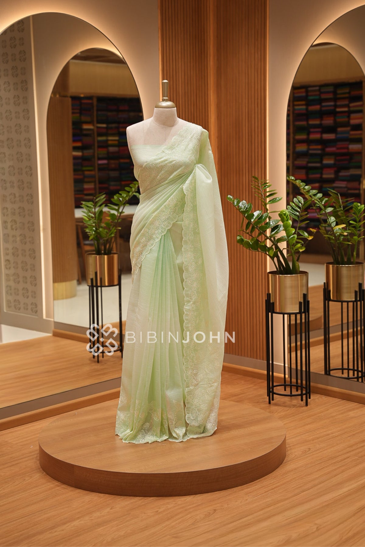 Tissue Organza Embroidery Saree For Women Pastel Mint Green