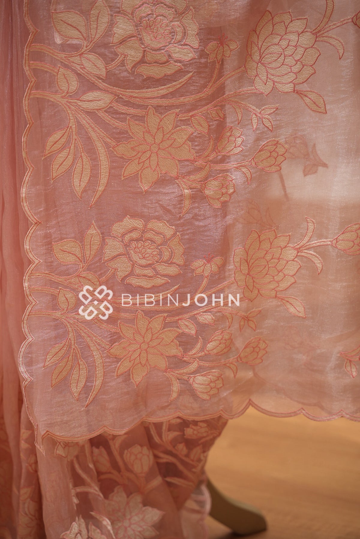 Tissue Organza Applique Saree For Women Dusty Peach Pink PALLU