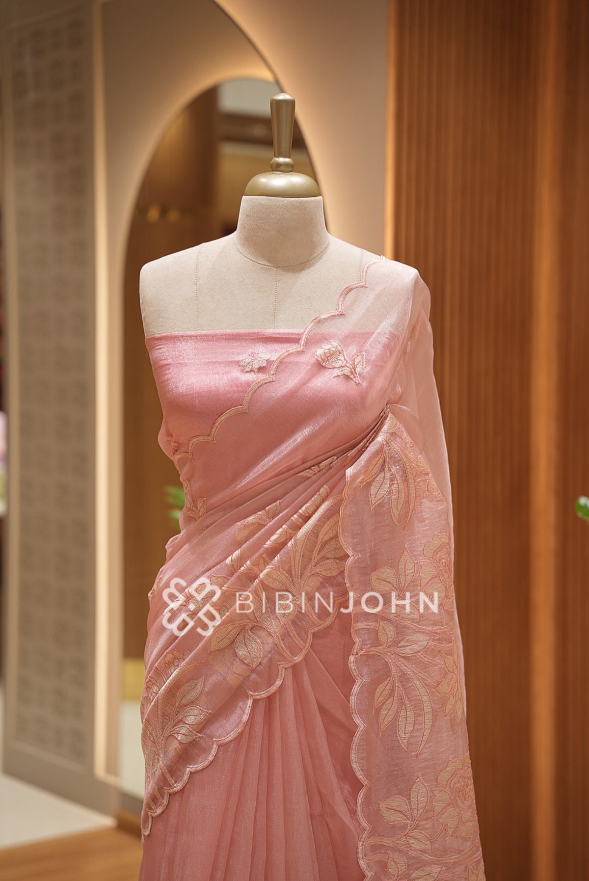 Tissue Organza Applique Saree For Women Dusty Peach Pink CLOSE VIEW
