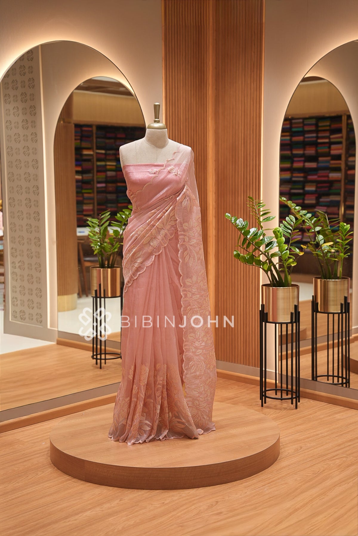 Tissue Organza Applique Saree For Women Dusty Peach Pink