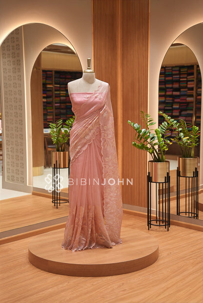 Tissue Organza Applique Saree For Women Dusty Peach Pink