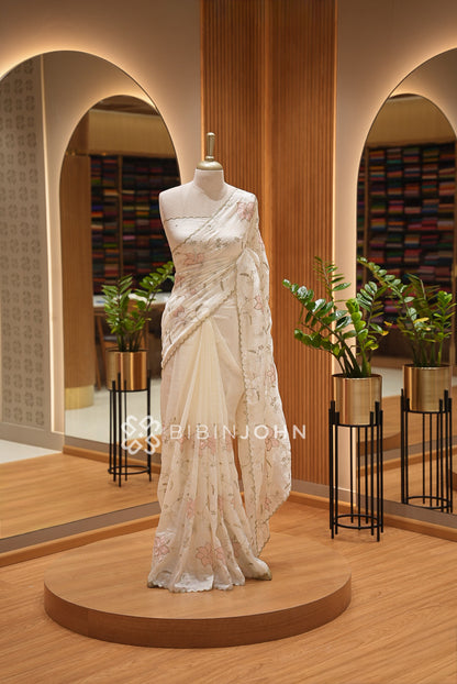 Tissue Organza Embroidery Saree For Women Ivory