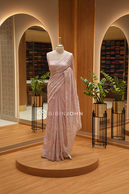 Tissue Organza Embroidery Saree For Women Dusty Mauve
