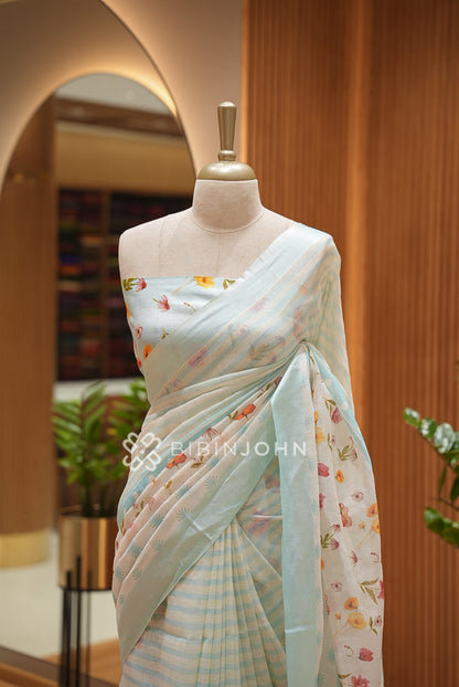 Printed Linen Saree For Women  Light Aqua Blue close view
