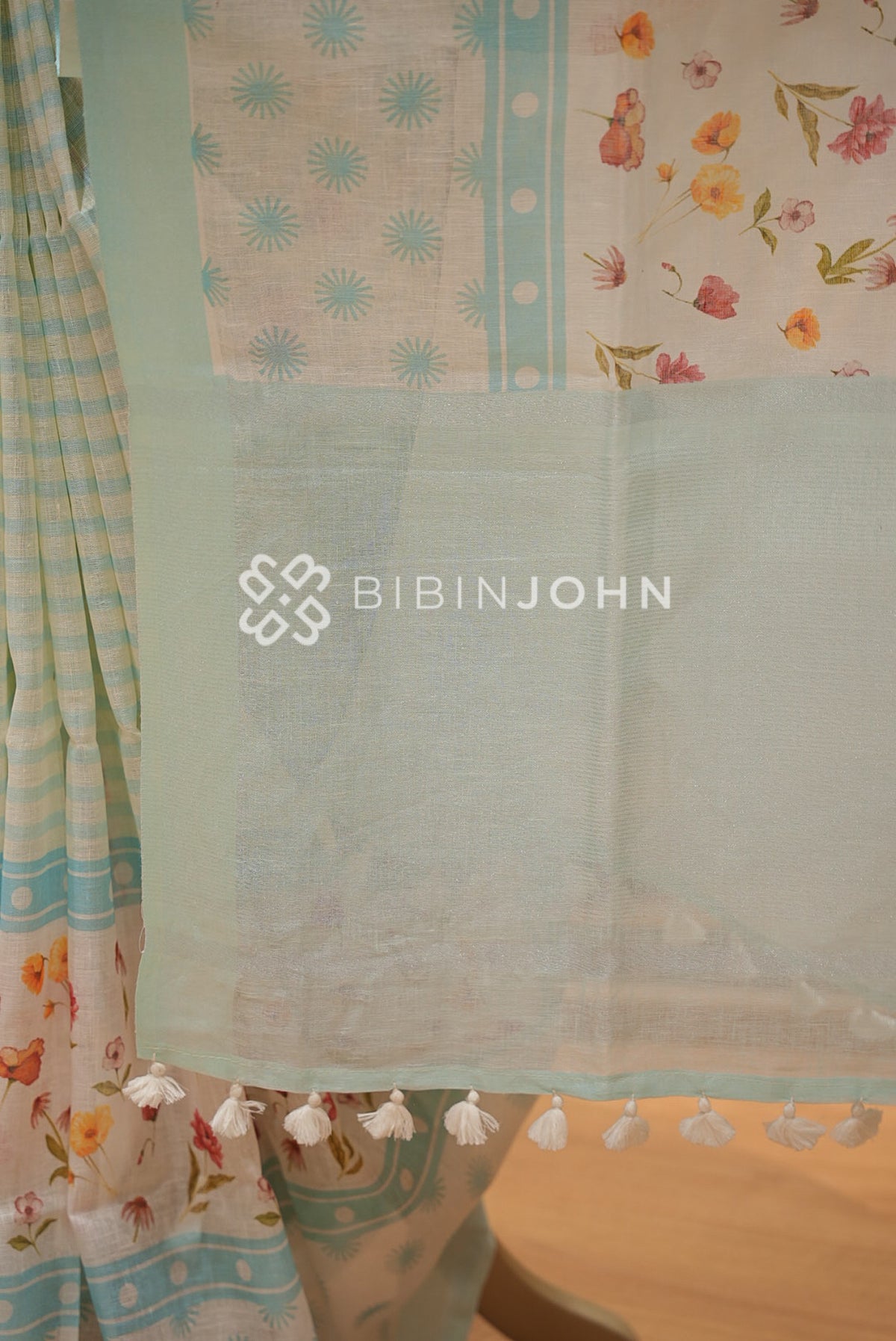 Printed Linen Saree For Women  Light Aqua Blue pallu