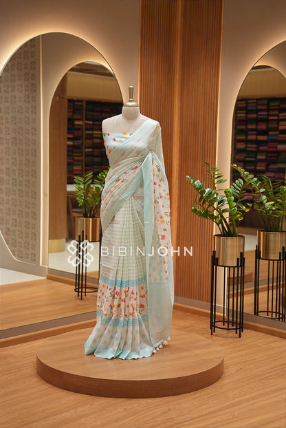 Printed Linen Saree For Women  Light Aqua Blue