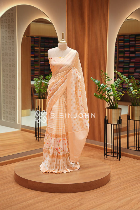 Printed Linen Saree For Women Peach 