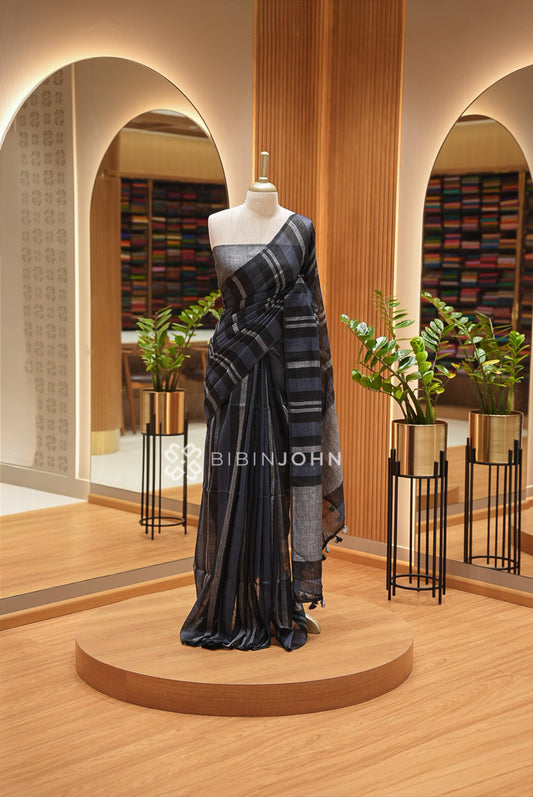 Linen Saree For Women Black 