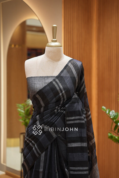Linen Saree For Women Black  CLOSE VIEW