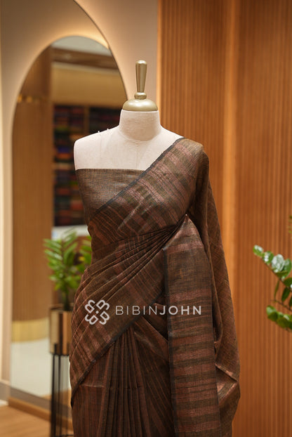 Linen Saree For Women Deep Brown  close view