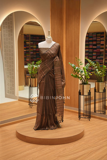 Linen Saree For Women Deep Brown 