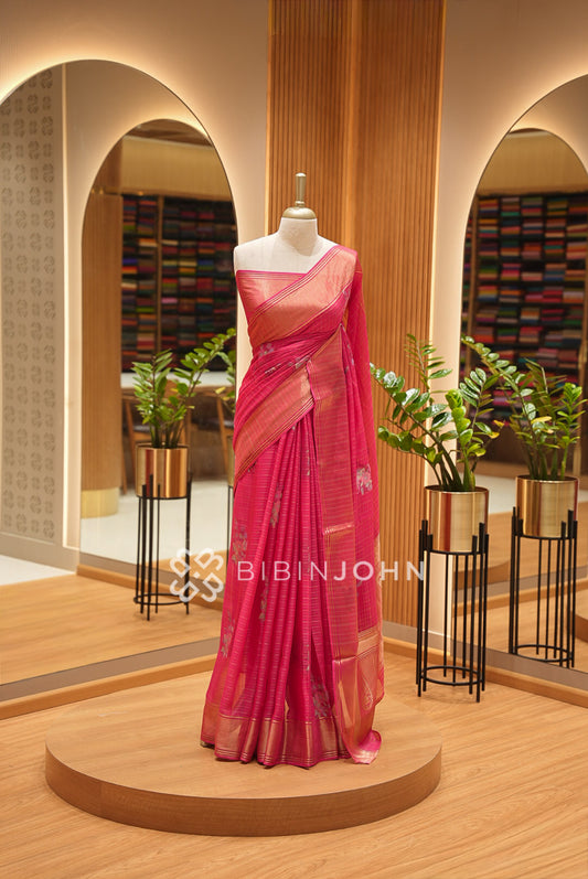Organza Brocade Saree For Women Rani Pink 