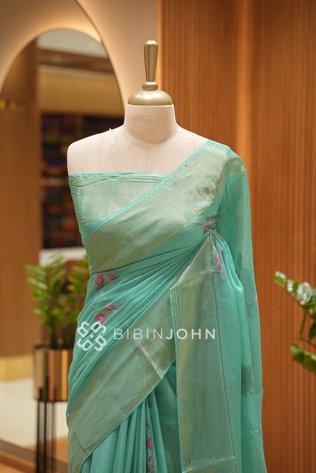 Organza Brocade Saree For Women Aqua Green CLOSE VIEW