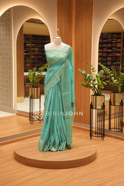 Organza Brocade Saree For Women Aqua Green
