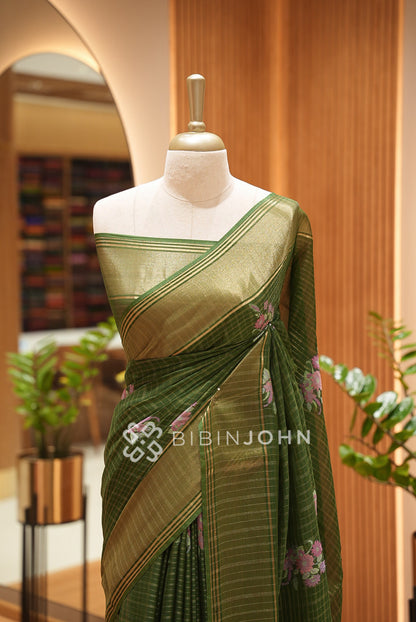 Organza Brocade Saree For Women Bottle Green CLOSE VIEW