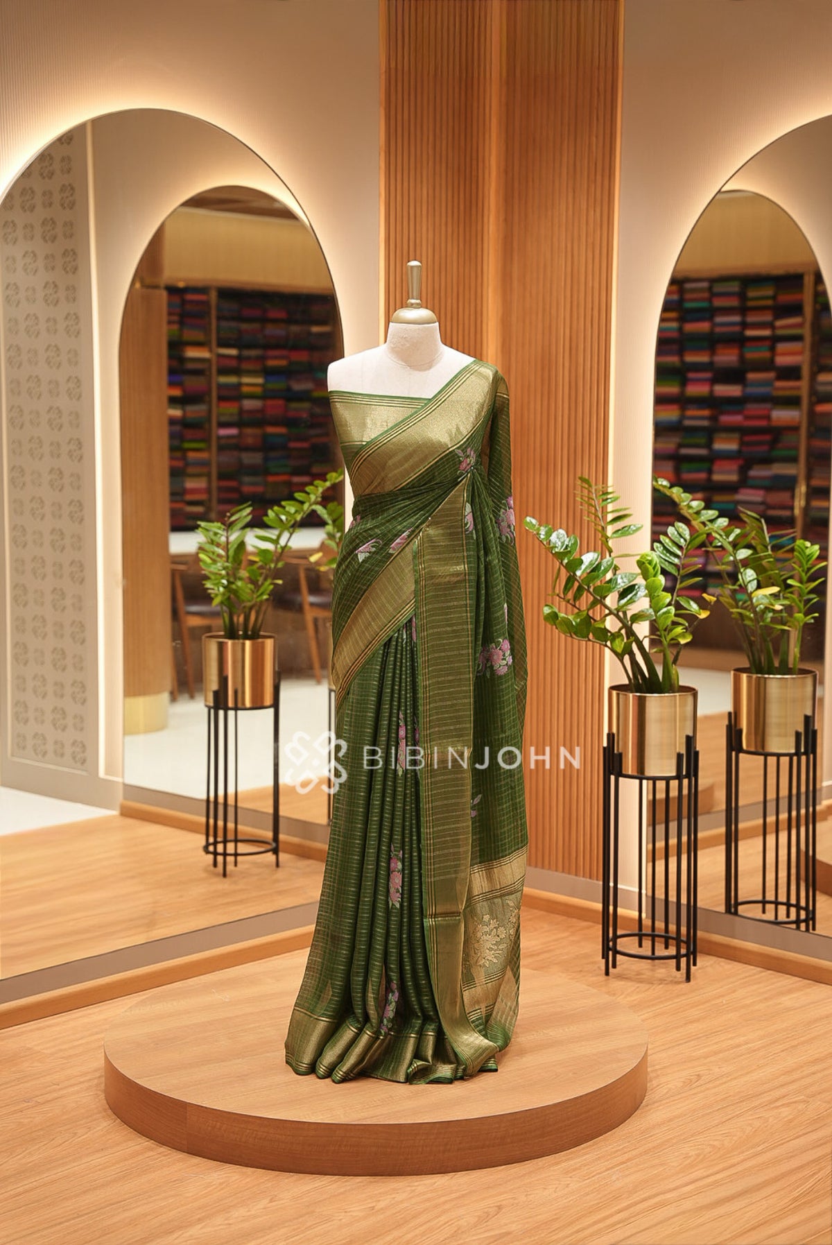 Organza Brocade Saree For Women Bottle Green