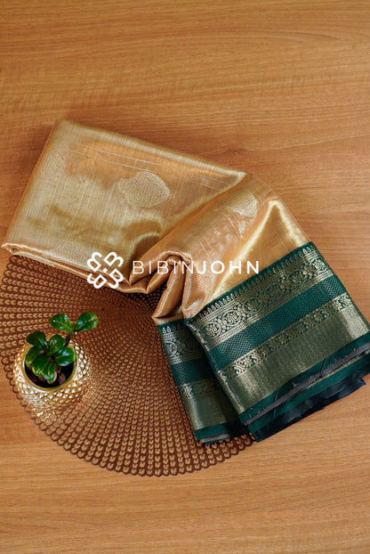 Tissue Silk Saree For Women Golden Beige and Bottle Green 