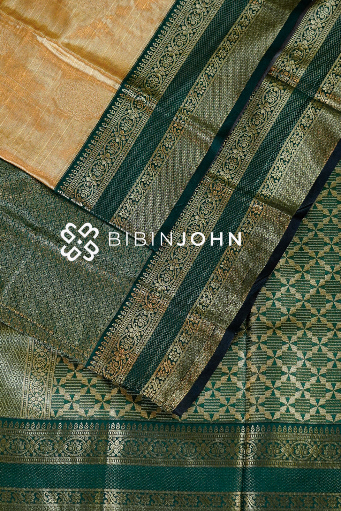 Tissue Silk Saree For Women Golden Beige and Bottle Green  close view