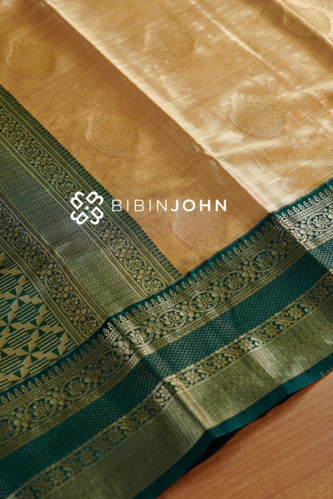 Tissue Silk Saree For Women Golden Beige and Bottle Green  pallu