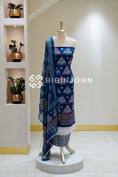 Printed Cotton Unstitched Salwar Suit Material Navy Blue BJ1327