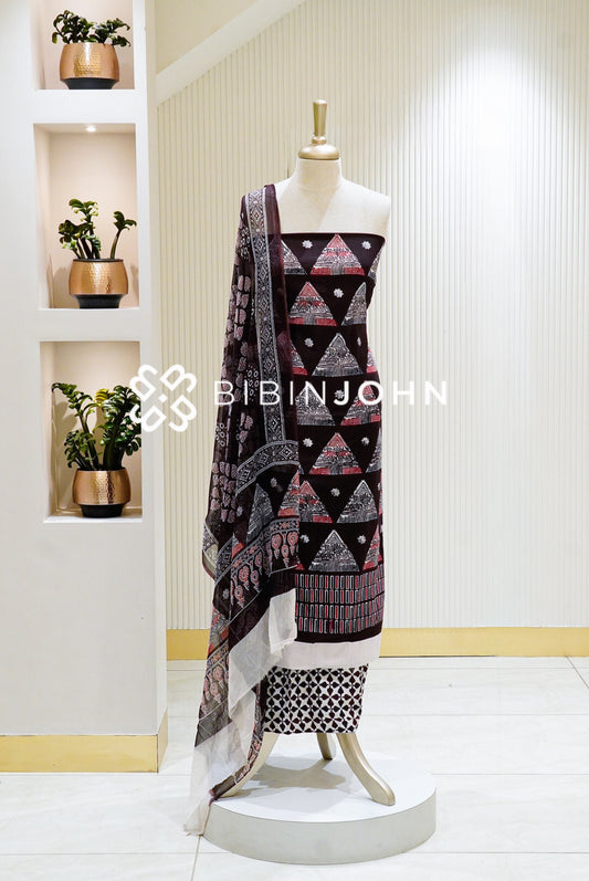 Printed Cotton Unstitched Salwar Suit Material Chocolate Brown BJ1328