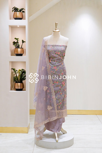 Organza Embroidery Unstitched Salwar Suit Material Lavender Grey BJ1329