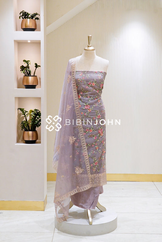 Organza Embroidery Unstitched Salwar Suit Material Lavender Grey BJ1329