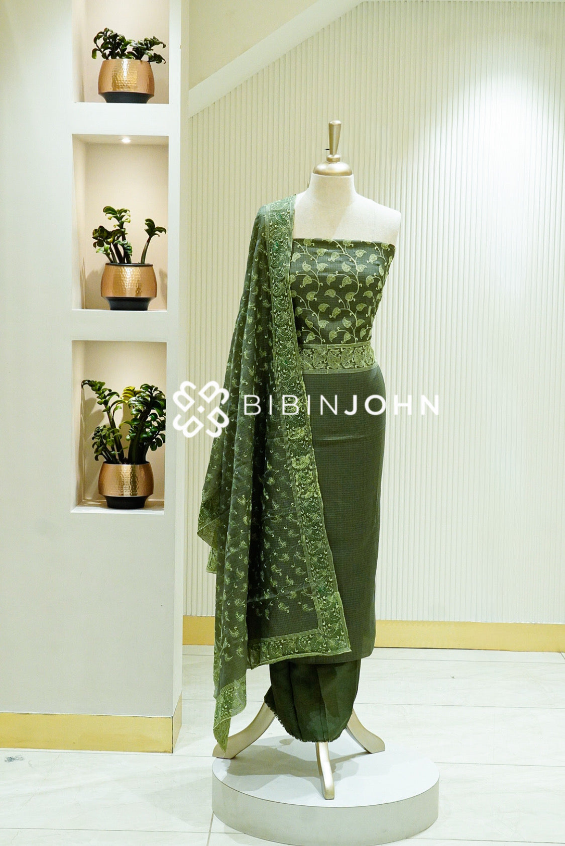 Cotta Embroidery Unstitched Salwar Suit Material Olive Green BJ1331