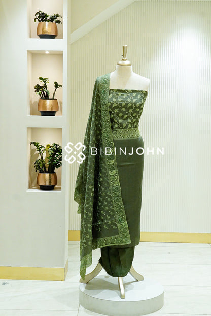Cotta Embroidery Unstitched Salwar Suit Material Olive Green BJ1331