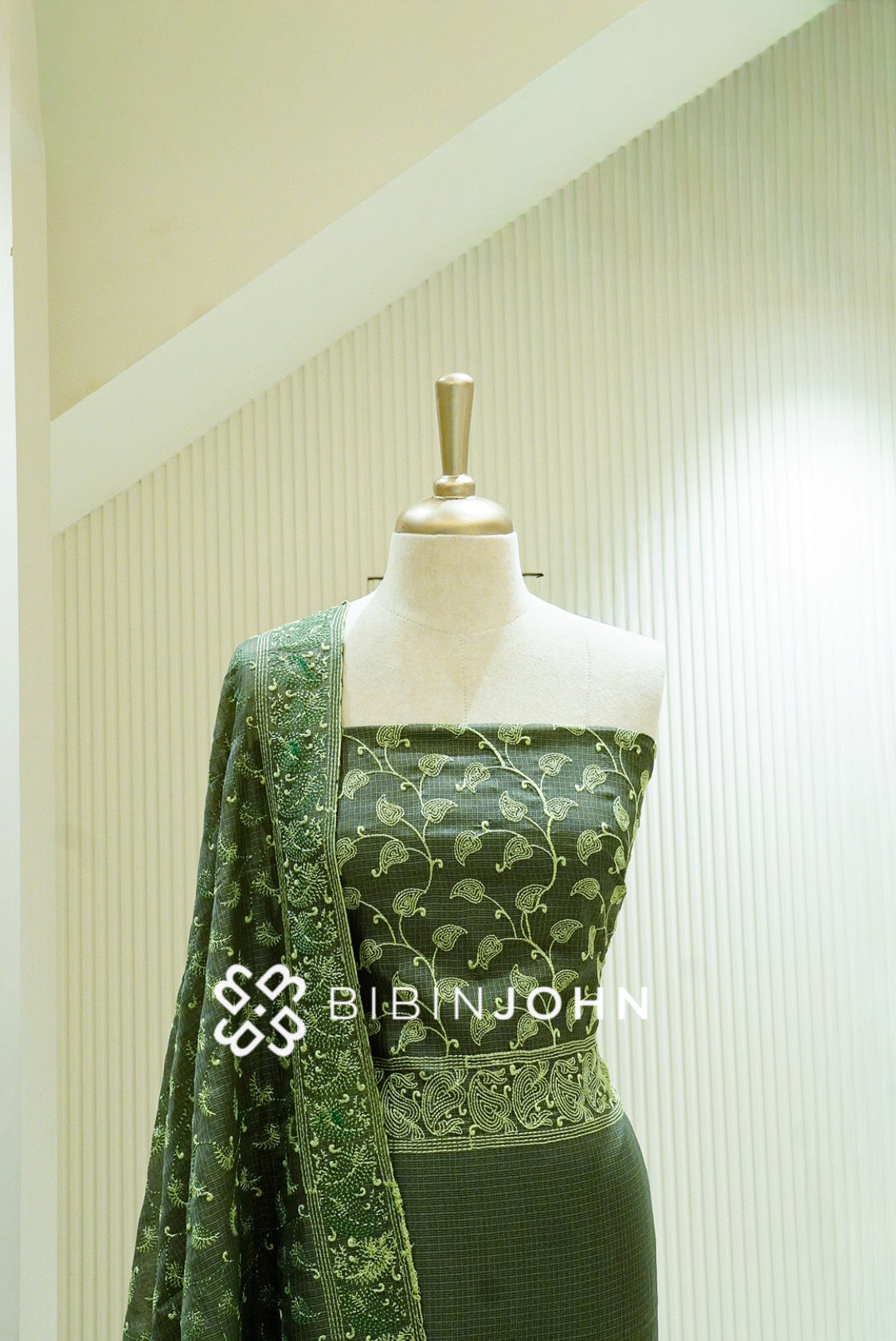 Cotta Embroidery Unstitched Salwar Suit Material Olive Green BJ1331