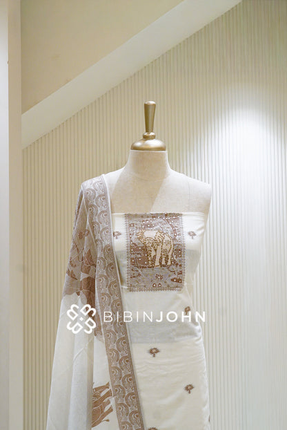 Cotton Jamdani Unstitched Salwar Suit Material Ivory White BJ1333