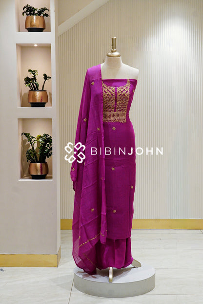 Chanderi Embroidery Unstitched Salwar Suit Material Magenta BJ1337
