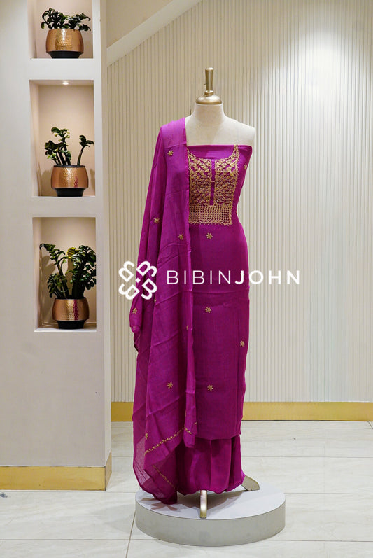 Chanderi Embroidery Unstitched Salwar Suit Material Magenta BJ1337