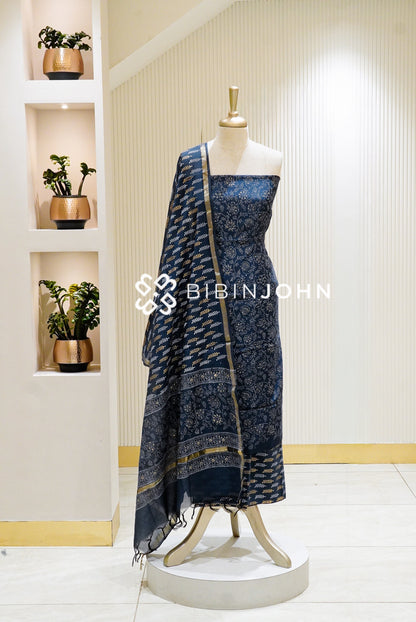 Printed Chanderi Unstitched Salwar Suit Material Navy Blue BJ1338