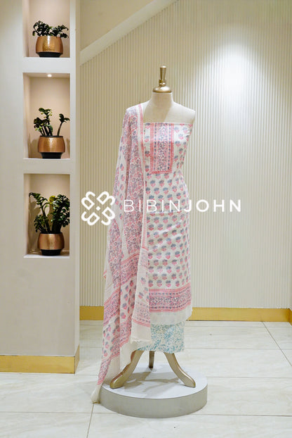 Printed Cotton Unstitched Salwar Suit Material Off-White with Pink BJ1339