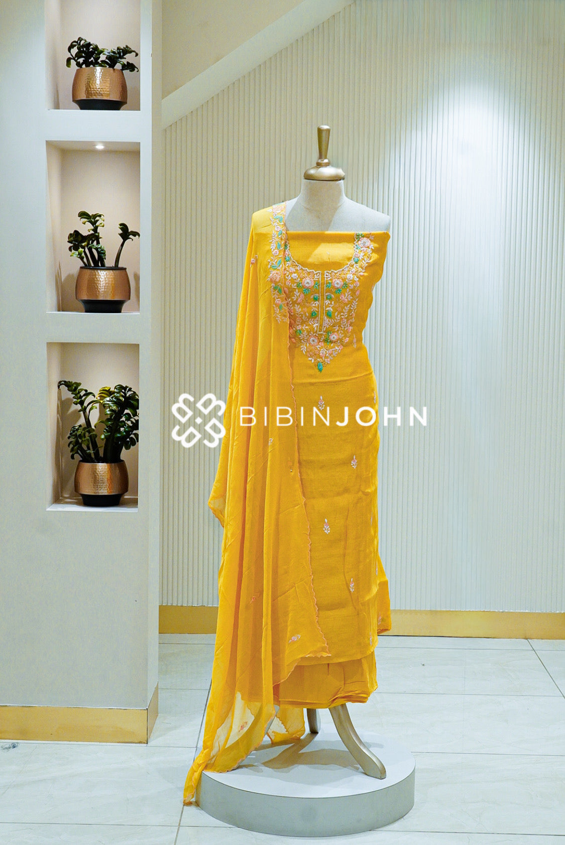 Chanderi Embroidery Unstitched Salwar Suit Material Mustard Yellow BJ1340