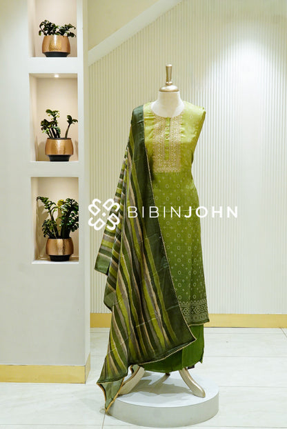 Semi Stitched Silk Salwar Suit Material Olive Green BJ1343