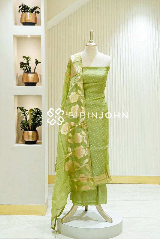 Organza Banarasi Unstitched Salwar Suit Material Pastel Pista Green BJ1345