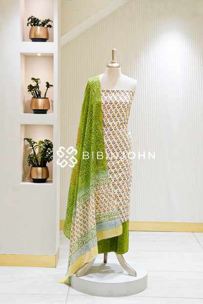 Printed Cotton Unstitched Salwar Suit Material Ivory White BJ1346
