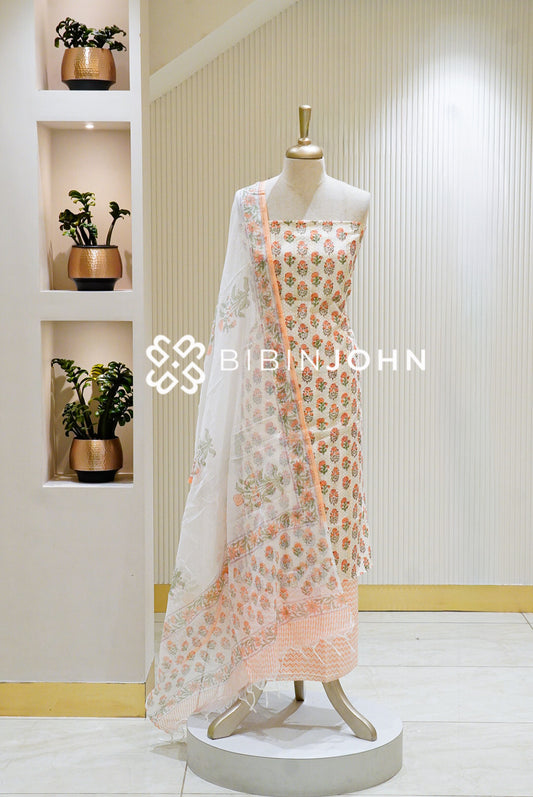 Printed Cotton Unstitched Salwar Suit Material Ivory White BJ1347