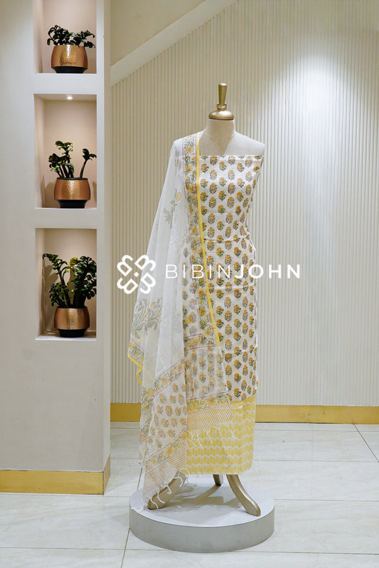 Printed Cotton Unstitched Salwar Suit Material White BJ1349