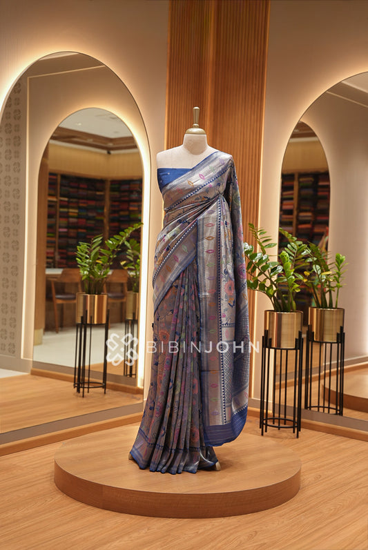 Silk Brocade Saree For Women Steel Grey 
