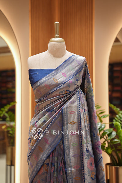 Silk Brocade Saree For Women Steel Grey  CLOSE VIEW